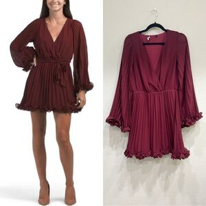 NWOT Lulus Burgundy Pleated Ruffle Hem Mini Dress